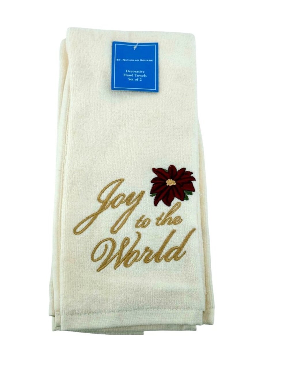 St Nicholas Square Joy To The World Cream Hand Towel 2PK Christmas Holiday NWT